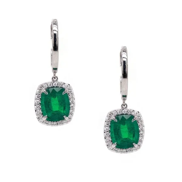 Cushion Emerald Halo Drop Earrings Joe Escobar Diamonds Campbell, CA
