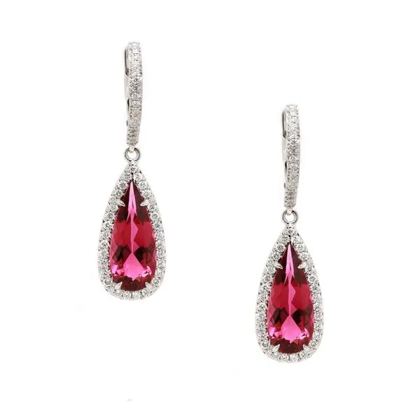 Rubellite Tourmaline Pear Halo Drop Earrings Joe Escobar Diamonds Campbell, CA