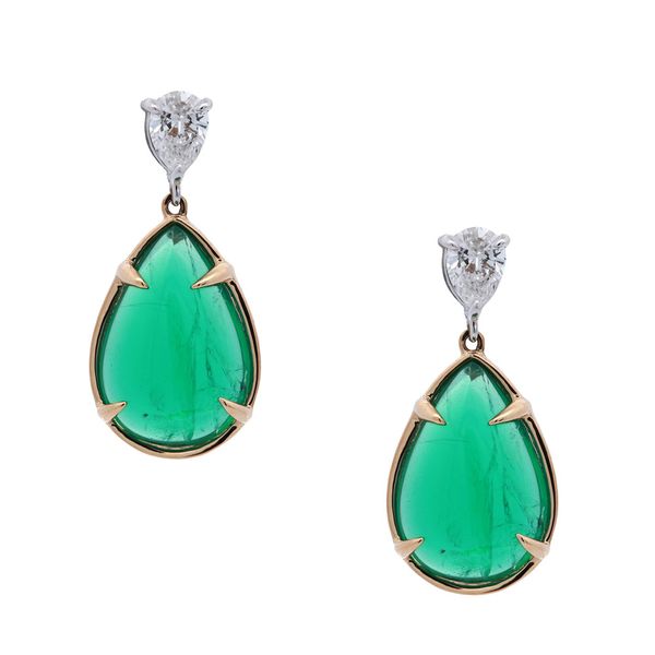 Pear Cabochon Emerald Drop Earrings Joe Escobar Diamonds Campbell, CA