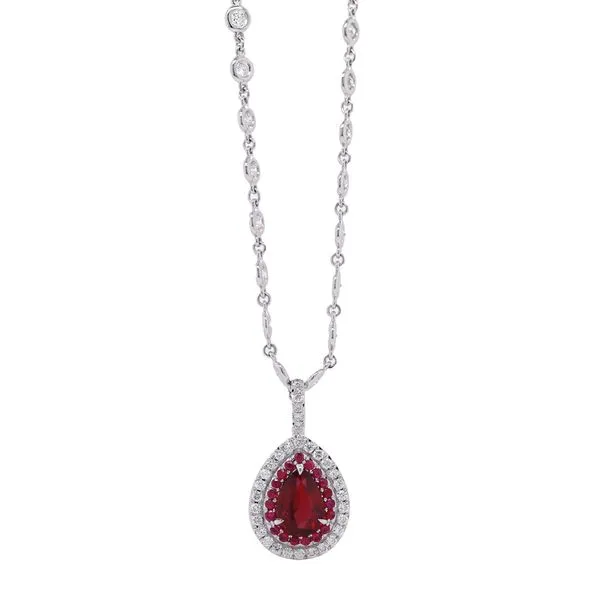 Unheated Pear Ruby Halo Pendant Joe Escobar Diamonds Campbell, CA