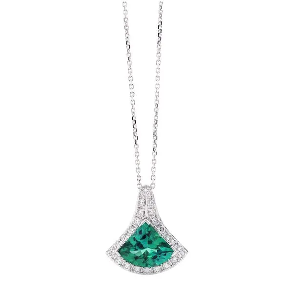 Shield Cut Green Tourmaline Halo Pendant Joe Escobar Diamonds Campbell, CA