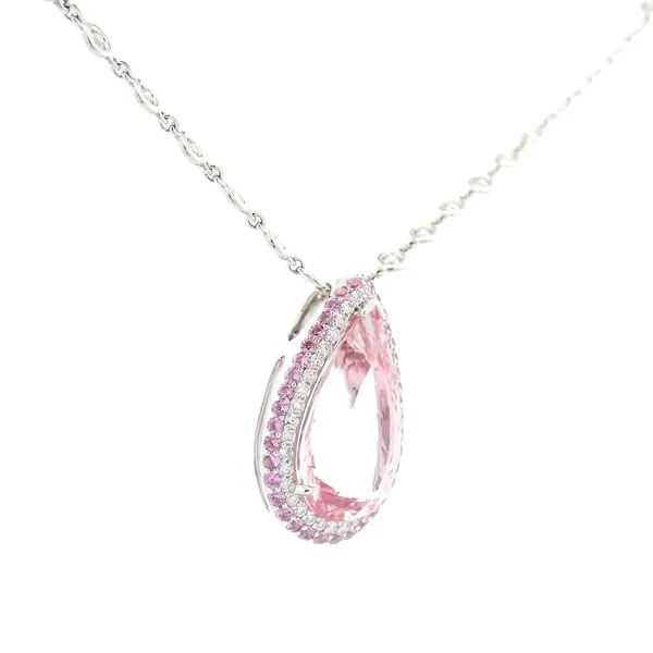 Morganite Pear Double Halo Pendant Image 3 Joe Escobar Diamonds Campbell, CA
