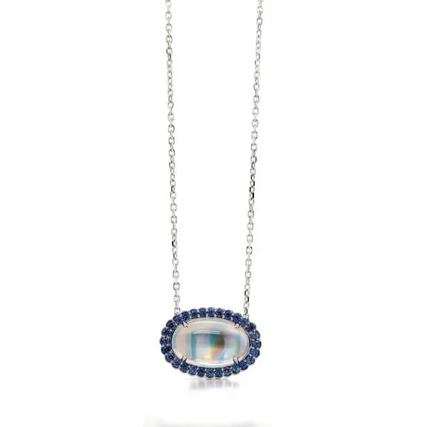 Moonstone and Blue Sapphire Halo Pendant Joe Escobar Diamonds Campbell, CA