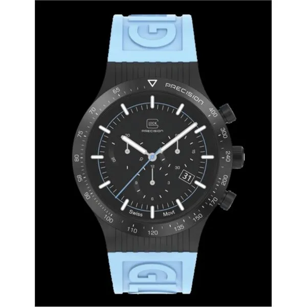 Glock Black Steel Watch with Light Blue Silicone Band