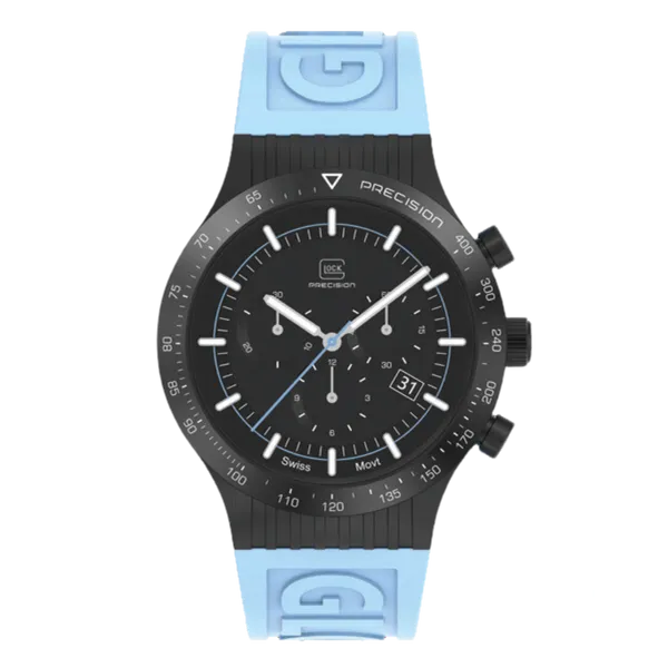 Glock Black Steel Watch with Light Blue Silicone Band