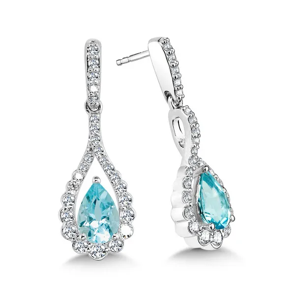 PEAR-CUT AQUAMARINE & GRADUATING DIAMOND BYPASS TEARDROP EARRINGS Falls Jewelers Concord, NC