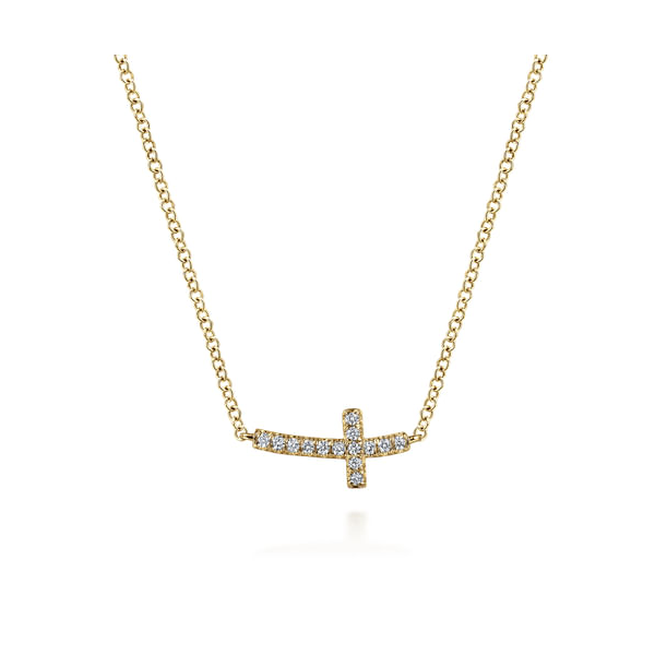 14K Yellow Gold Sideways Curved Diamond Cross Necklace Falls Jewelers Concord, NC