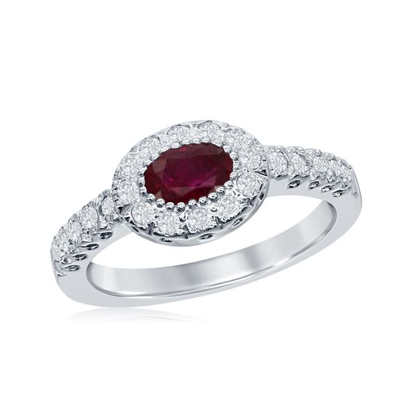 East to West Ruby and Diamond Halo Ring Falls Jewelers Concord, NC
