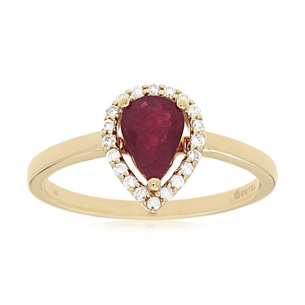14K Yellow Gold Pear Shaped Ruby and Diamond Ring Falls Jewelers Concord, NC