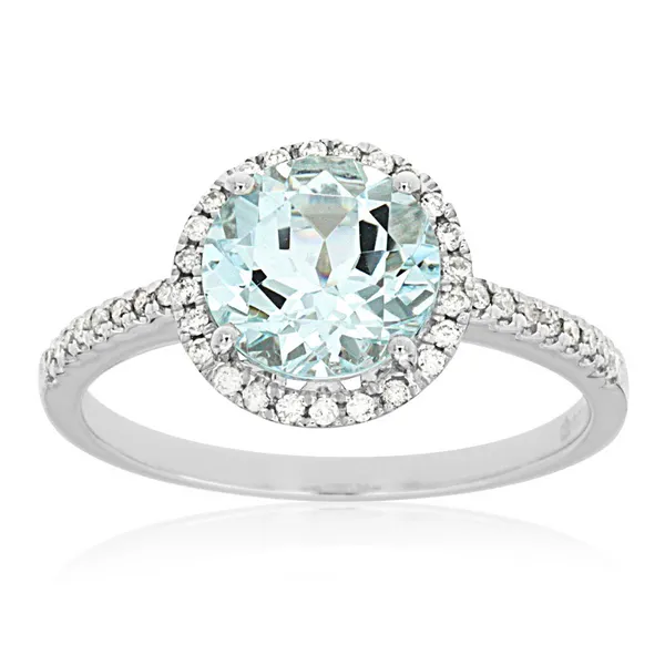 14K White Gold Aquamarine Ring with Diamond Halo Falls Jewelers Concord, NC