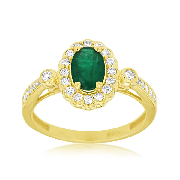 14K Yellow Gold Vintage Style Emerald Ring with Diamond Halo Falls Jewelers Concord, NC