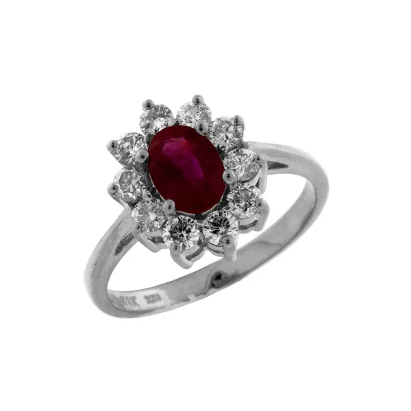 14K White Gold Ruby Ring with Diamond Halo Falls Jewelers Concord, NC