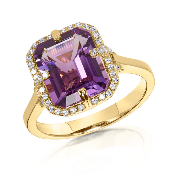 RADIANT CUT AMETHYST & DIAMOND HALO COCKTAIL RING Falls Jewelers Concord, NC