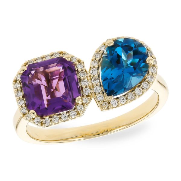 14K Yellow Gold Amethyst and London Blue Topaz Two-Stone Ring Falls Jewelers Concord, NC