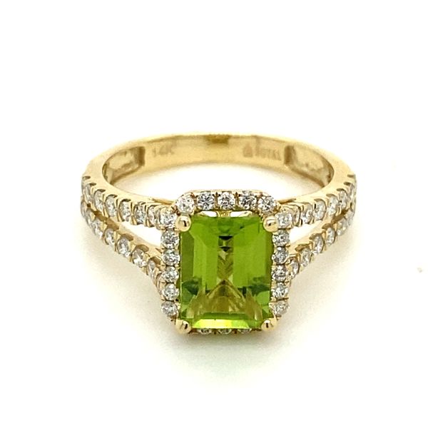 14K Yellow Gold Split Shank Peridot Ring with Diamond Halo and Accents Falls Jewelers Concord, NC