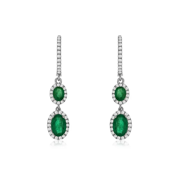 14K White Gold Emerald Drop Earrings with Diamond Halos Falls Jewelers Concord, NC