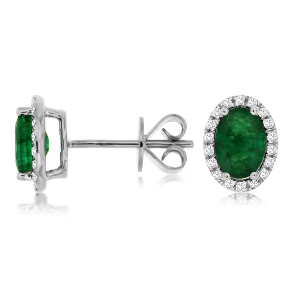 14K White Gold Emerald Stud Earrings with Diamond Halos Falls Jewelers Concord, NC