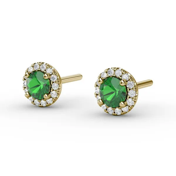14K Yellow Gold Emerald Studs with Diamond Halo