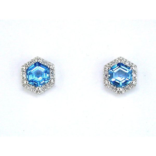 14K White Gold Hexagonal Blue Topaz Diamond Stud Earrings Falls Jewelers Concord, NC
