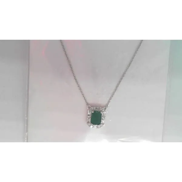 14K White Gold Necklace with Emerald and Diamond Halo Pendent Falls Jewelers Concord, NC