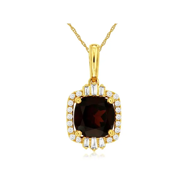 14K Yellow Gold Necklace with Cushion Garnet Pendant and Diamond Halo Falls Jewelers Concord, NC