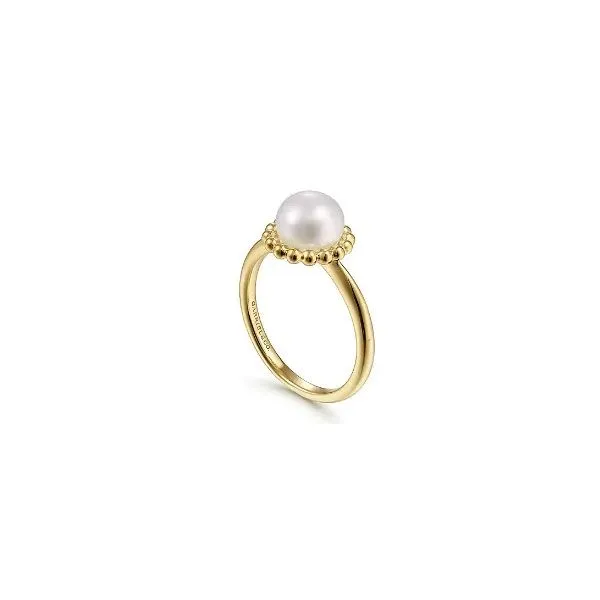 14K Yellow Gold Pearl Ring with Bujukan Beaded Halo
