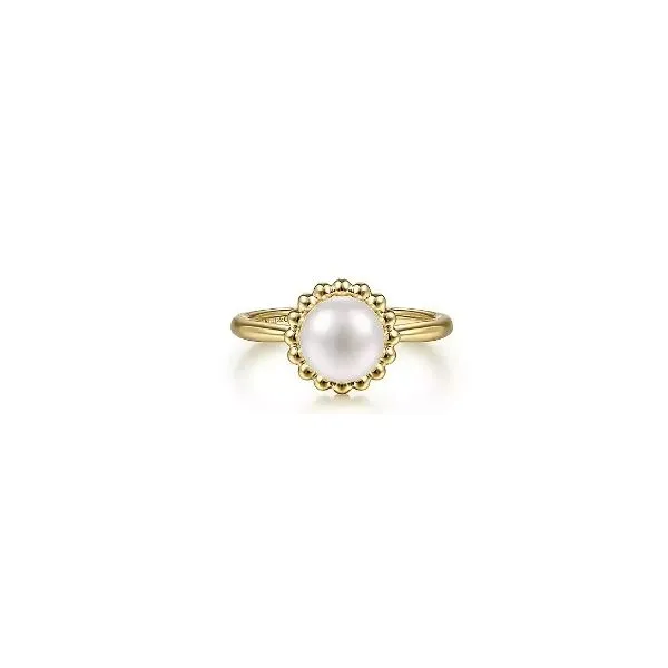 14K Yellow Gold Pearl Ring with Bujukan Beaded Halo