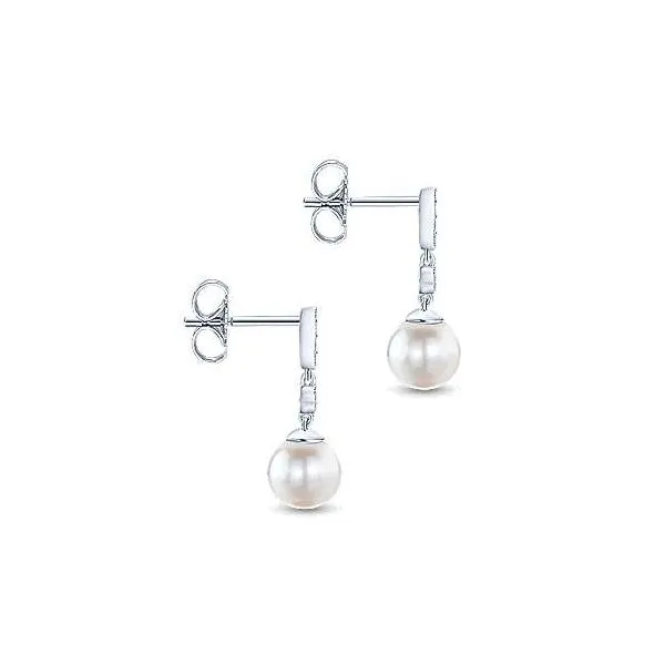 14K White Gold Pearl and Diamond Drop Earrings Image 2 Falls Jewelers Concord, NC