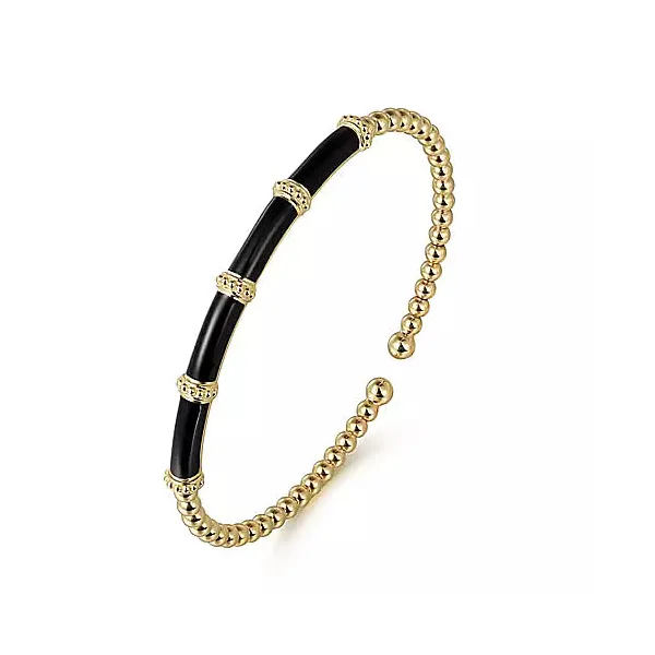 14K Yellow Gold Bujukan Beads Split Bangle with Black Enamel