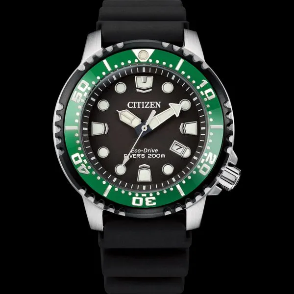 Men's Black Polyurethane Strap with Green and Black Bezel Citizen Eco-Drive Falls Jewelers Concord, NC