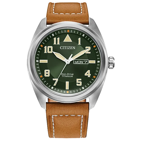 Men's Citizen Eco-Drive Watch with a Leather Band and Green Face Falls Jewelers Concord, NC