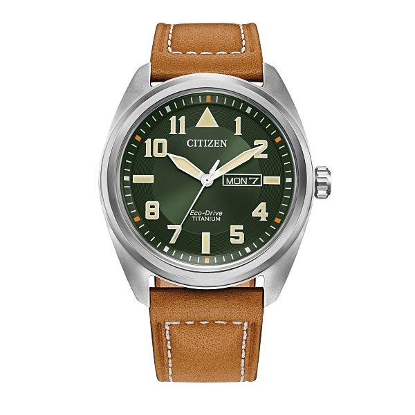 Men's Citizen Eco-Drive Watch with a Leather Band and Green Face Falls Jewelers Concord, NC