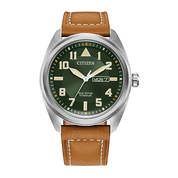 Men's Citizen Eco-Drive Watch with a Leather Band and Green Face Falls Jewelers Concord, NC