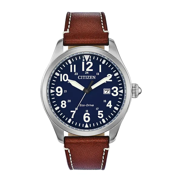 Men's Leather, Stainless Steel, and Blue Face Citizen Eco-Drive Falls Jewelers Concord, NC