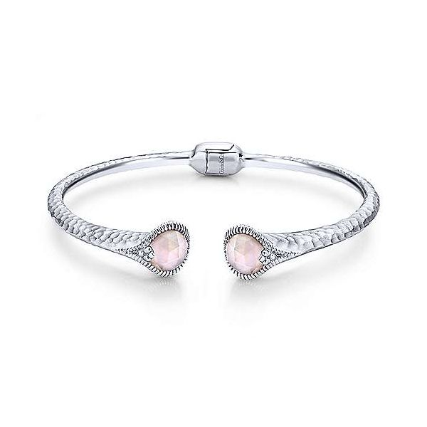 Hammered Sterling Silver Rock Crystal and Pink Mother of Pearl Split Bangle Falls Jewelers Concord, NC