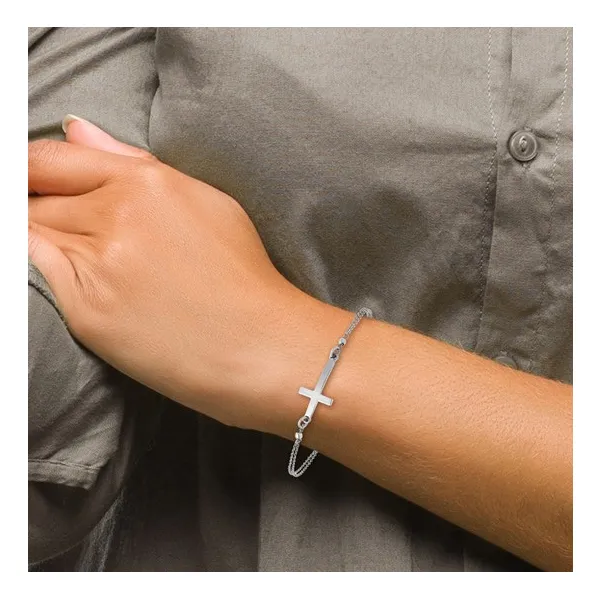 Leslie's Sterling Silver Polished Sideway Cross Adj. Bracelet Image 2 Falls Jewelers Concord, NC