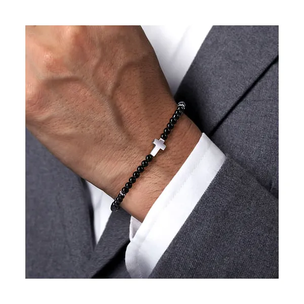 925 Sterling Silver Cross Bracelet with 4mm Onyx Beads