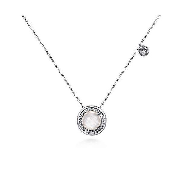 Sterling Silver Round Rock Crystal/White MOP and White Sapphire Halo Pendant Necklace Falls Jewelers Concord, NC