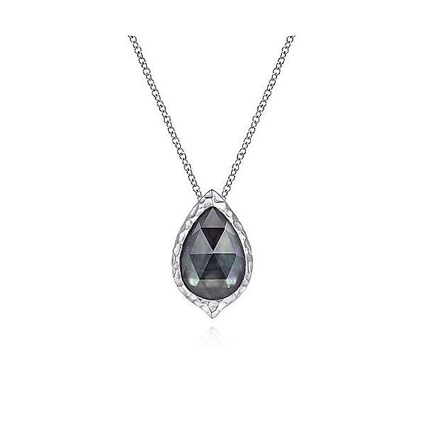 Sterling Silver Hammered Pear Shaped Rock Crystal / Black Mother of Pearl Pendant Necklace Falls Jewelers Concord, NC