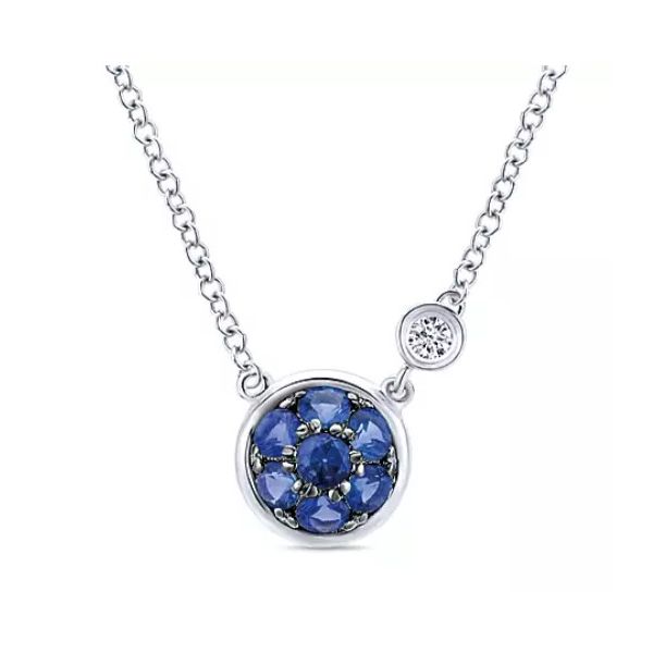 925 Sterling Silver Round B Quality Blue Sapphire Cluster Pendant Necklace with Side Bezel Diamond Falls Jewelers Concord, NC