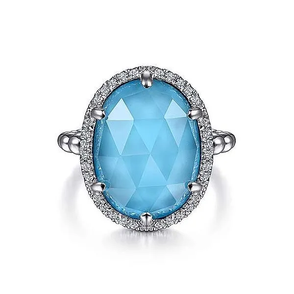 Sterling Silver Oval Rock Crystal and Turquoise Ring with White Sapphire Halo Falls Jewelers Concord, NC
