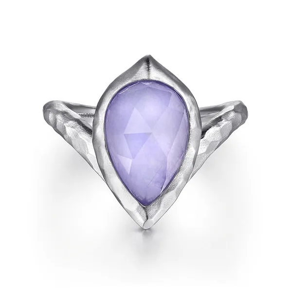 Sterling Silver Hammered Pear Shaped Rock Crystal and Purple Jade Chevron Ring Falls Jewelers Concord, NC