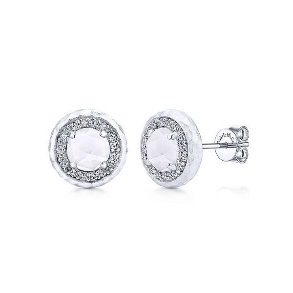 Sterling Silver Hammered Rock Crystal/White Mother of Pearl and White Sapphire Halo Stud Earrings Falls Jewelers Concord, NC