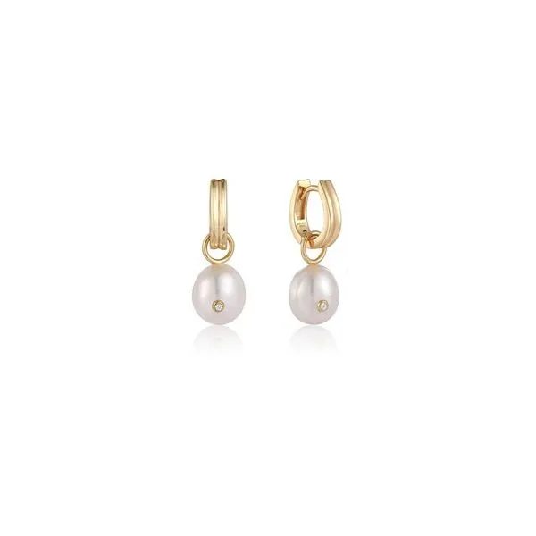 Gold-Plated Pearl Drop Sparkle Huggie Hoop Earrings Falls Jewelers Concord, NC
