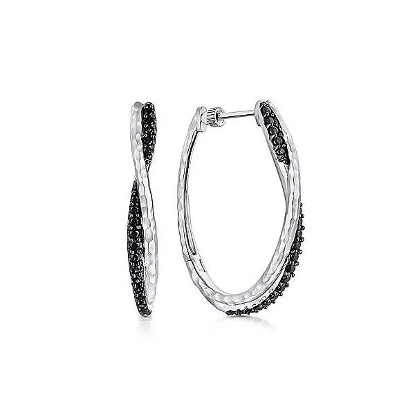 Sterling Silver Hammered Twisted 35mm Black Spinel Hoop Earrings similar item image