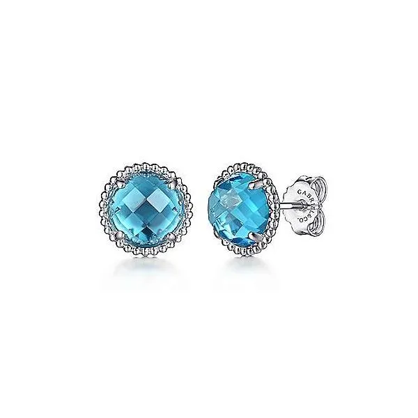 Sterling Silver Blue Topaz Stud Earrings with Beaded Frame