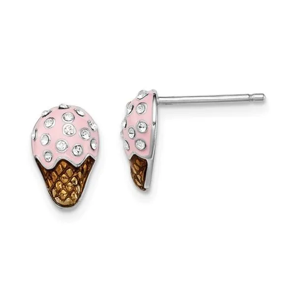Sterling Silver Pink and Brown Enameled and Crystal Ice Cream Children's Earrings Falls Jewelers Concord, NC