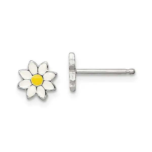 Sterling Silver  Yellow and White Enameled Flower Children's Earrings Falls Jewelers Concord, NC
