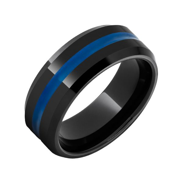 Black Ceramic Beveled Edge Band with “Thin Blue Line” Inlay Falls Jewelers Concord, NC
