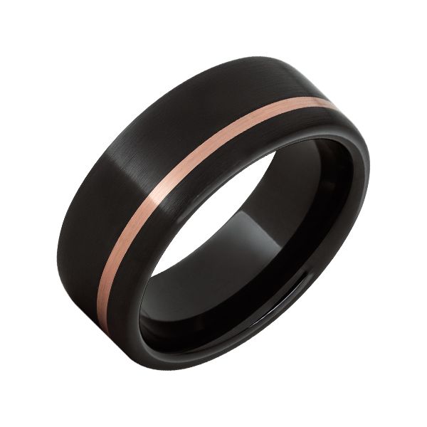 Black Ceramic Pipe Cut Band with a 1mm Off-Center 14K Rose Gold Inlay Falls Jewelers Concord, NC